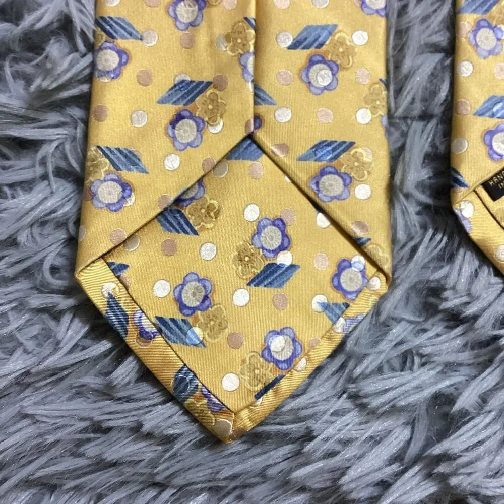 Jos‎ A Bank Signature Gold 100% Silk Tie Yellow Gold Blue Floral Necktie Limited